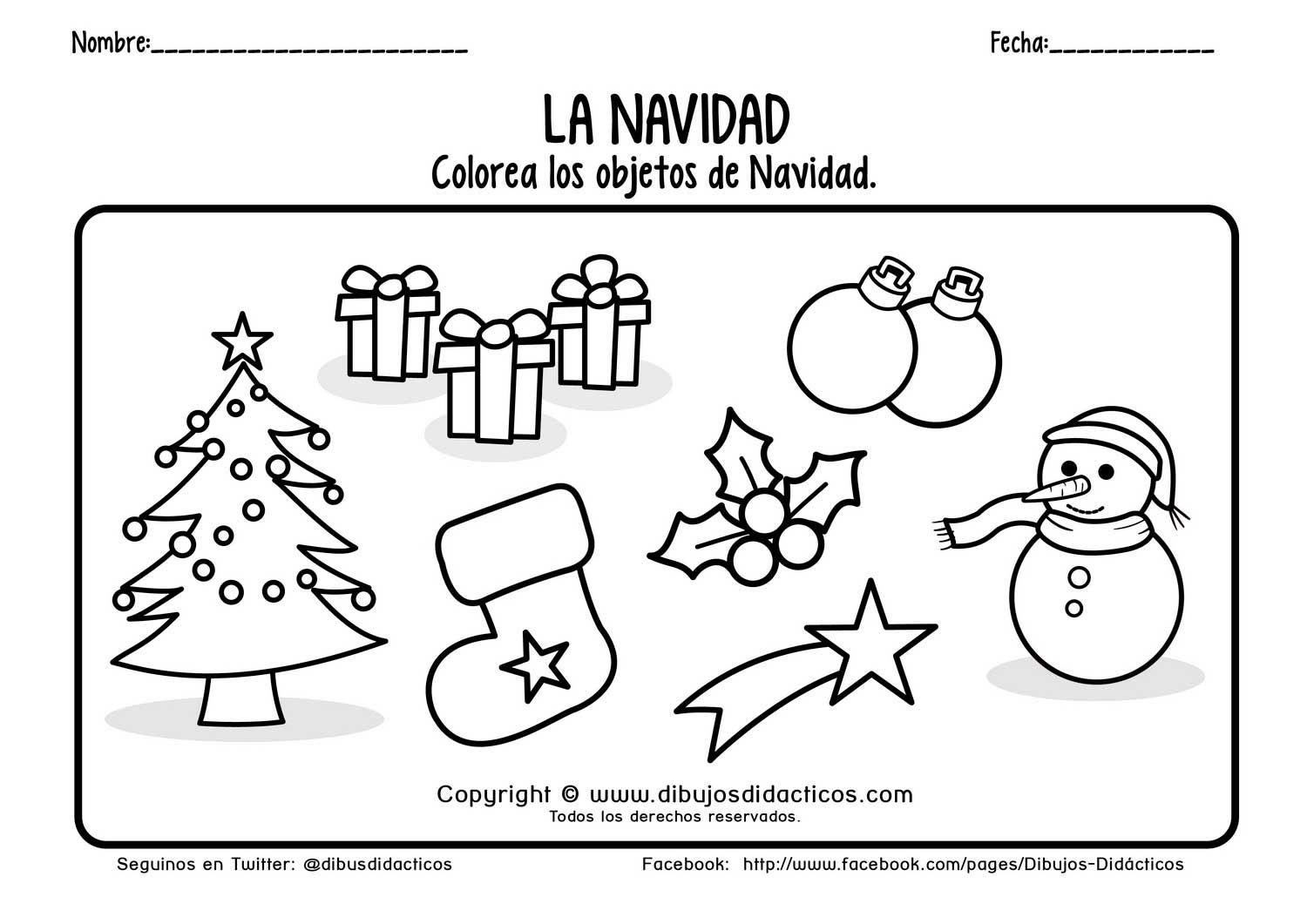 dibujo para colorear la navidad pino regalos calcetines adornos muñeco de nieve muerdago