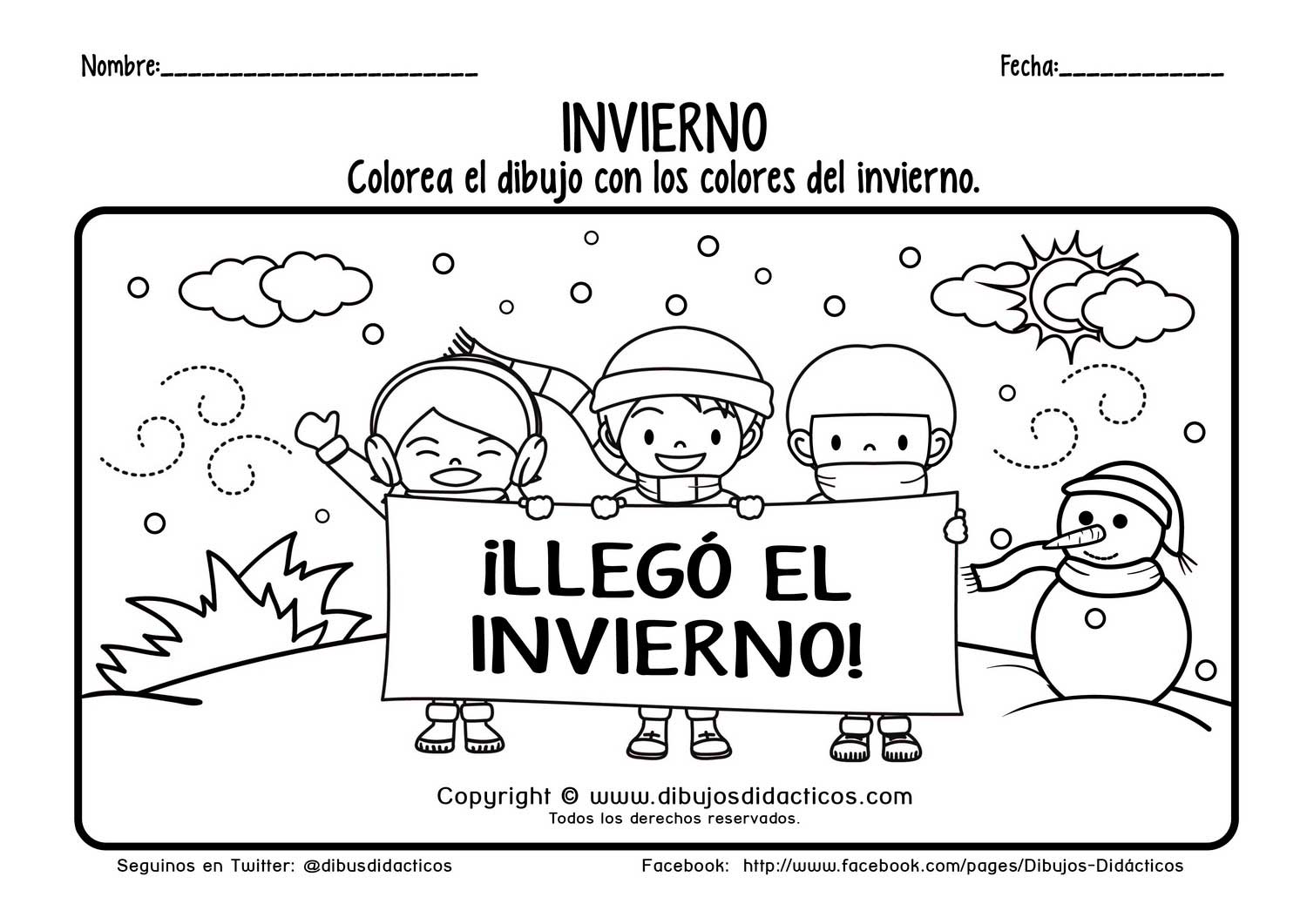Dibujo de las estaciones del año para colorear invierno niños muñeco de neve viento nieve