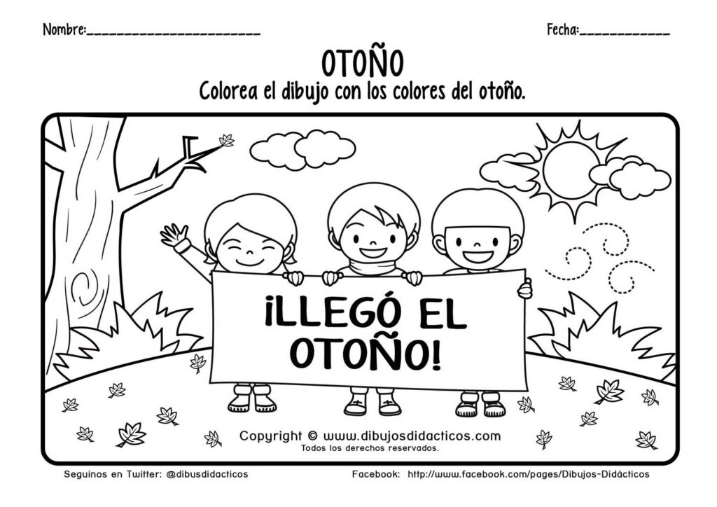 Dibujo de las estaciones del año para colorear otoño sol nubes hojas caidas naturaleza viento