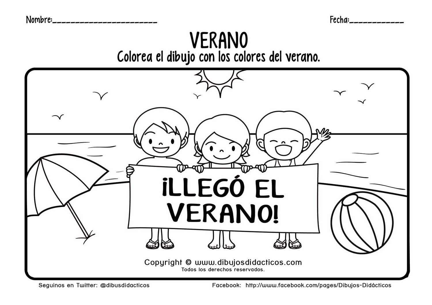 Dibujo de las estaciones del año verano niños en la playa pelto sombrilla sol