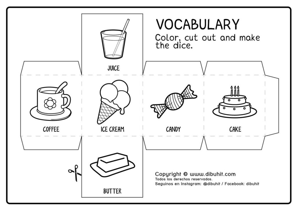 vocabulario cubo armar coffee luice candy cake butter ice cream