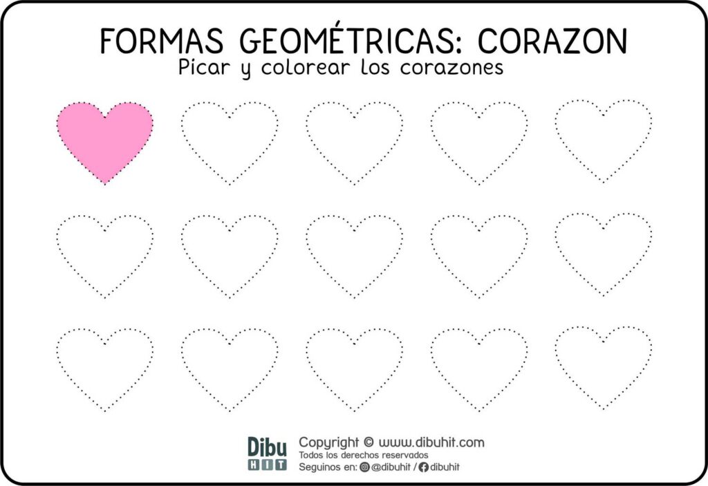 Dibujo didactico para picar y colorear corazones
