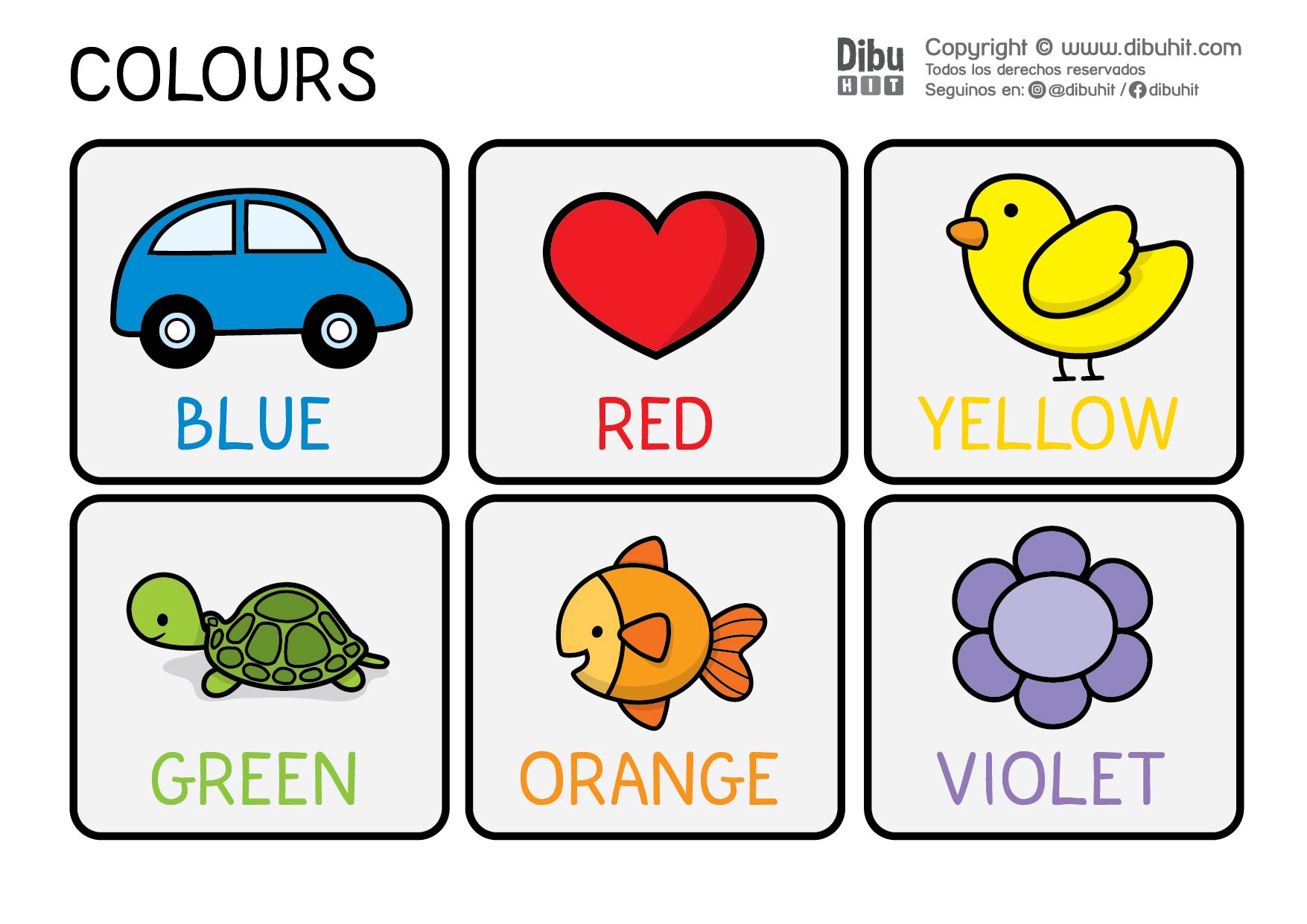 colours and things car blue heart red chick yellow tortoise green fish orange flower violet