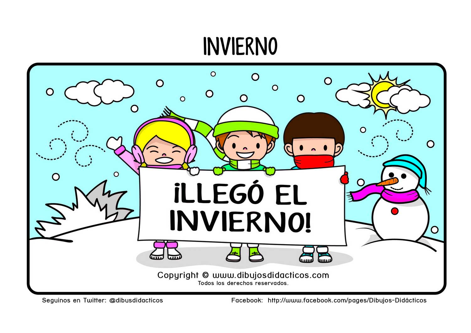 Lamina didactica invierno niños nieve viento muñeco de nieve