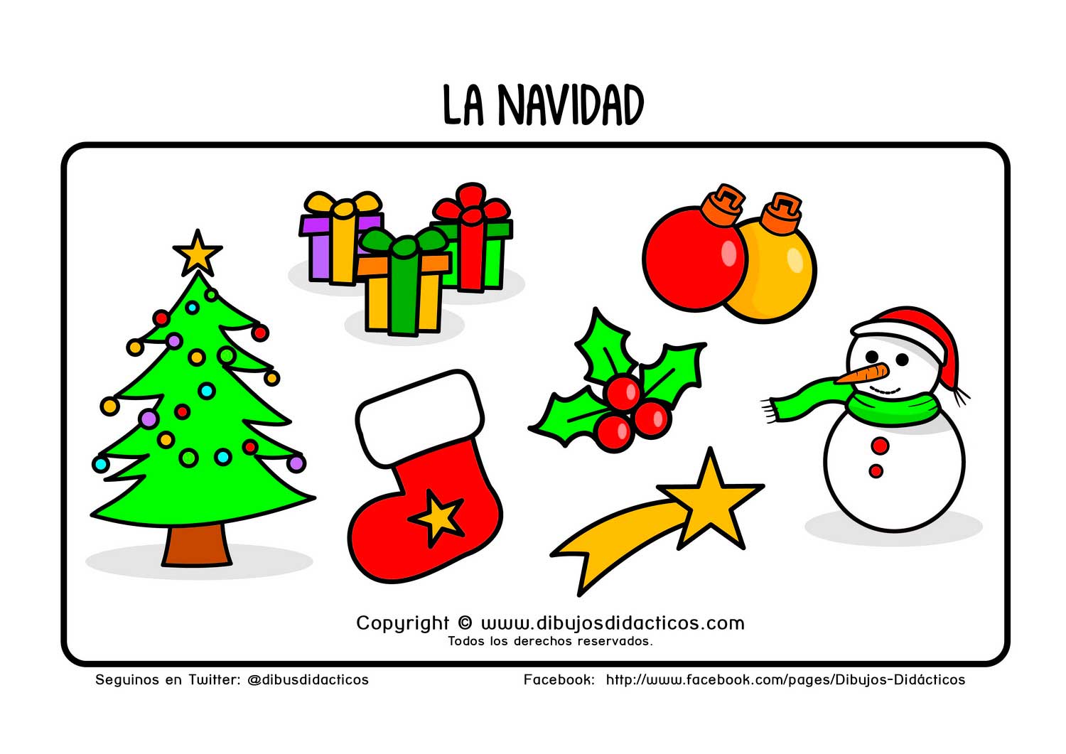 Lamina didactica navidad regalos adornos arbol navideño calcetin muerdago estrella muñeco de nieve