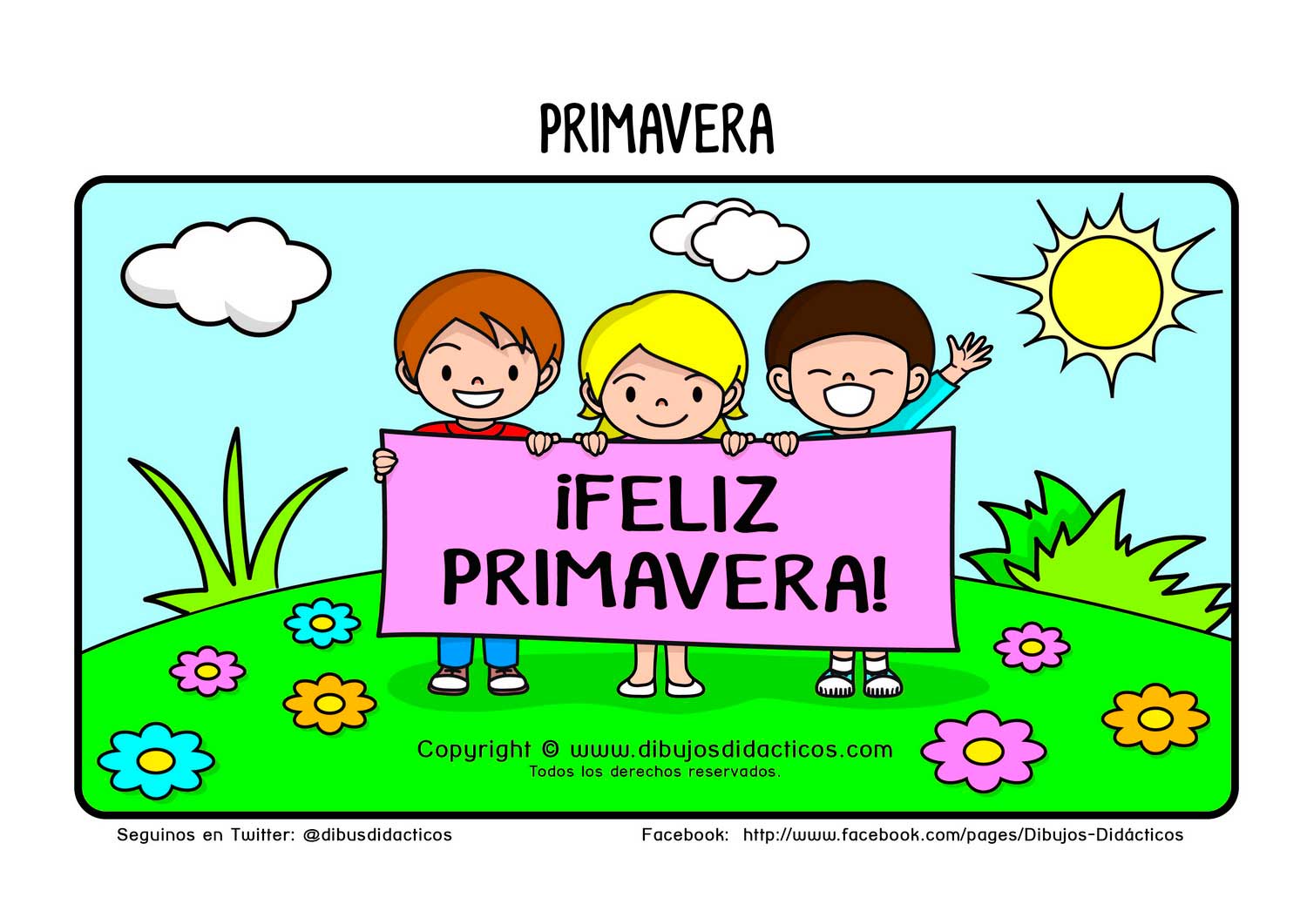 lamina didactica primavera sol nubes niños flores plantas pasto