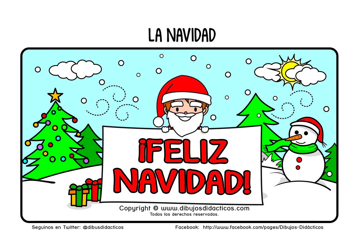 Lamina didactica navidad santa claus papa noel muñeco de nieve pinos regalos