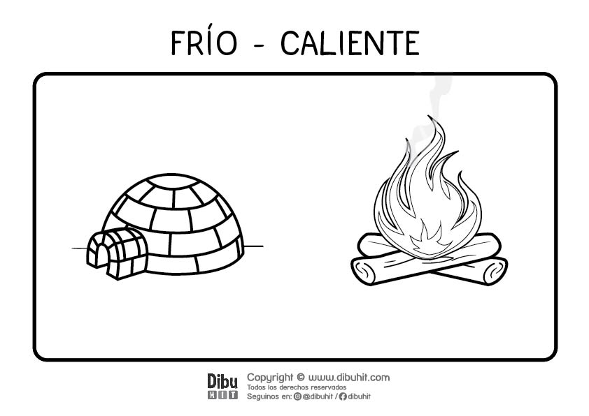 Dibujo de opuestos para colorear frio caliente igloo y fogata