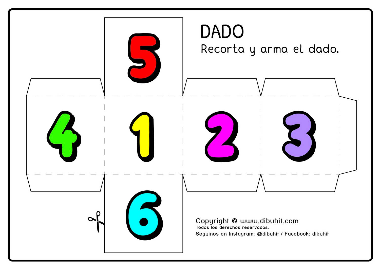 Cubo para imprimir y armar con numeros en colores del 1 al 6