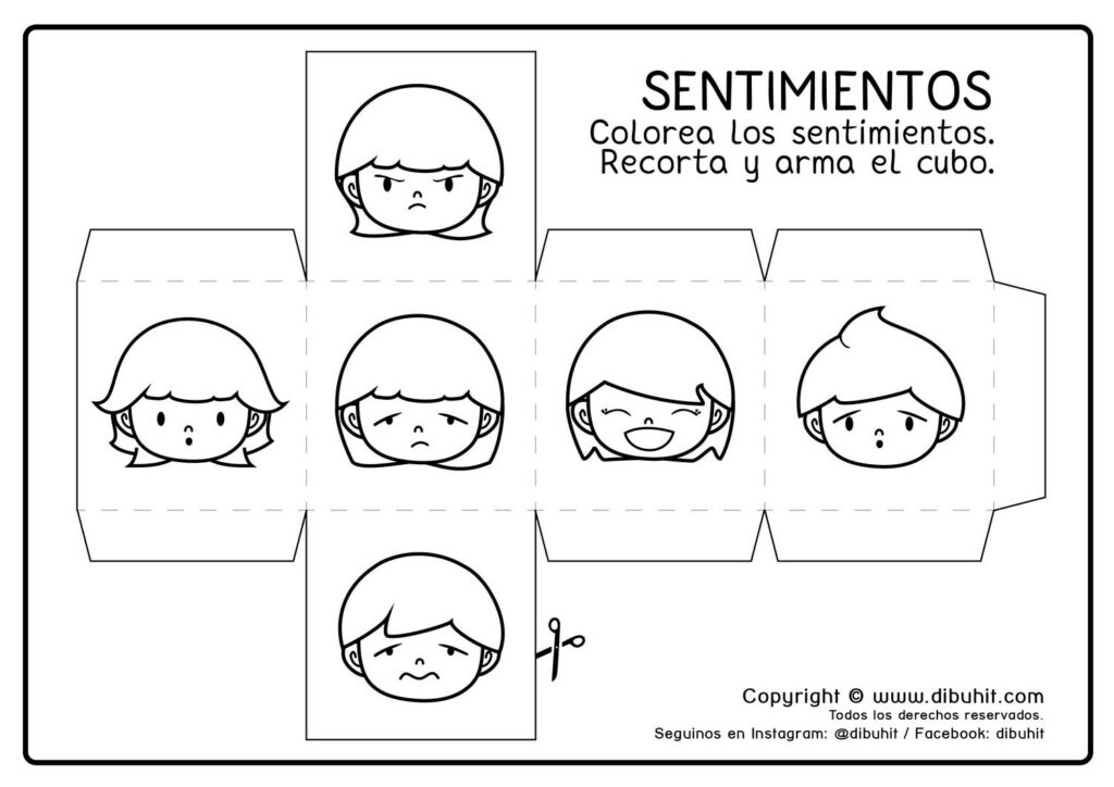 Cubo para imprimir y armar con dibujos de sentimientos emociones