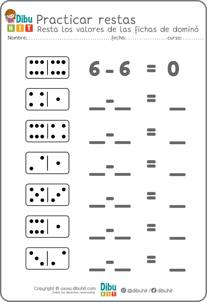 fichas dominó números restas