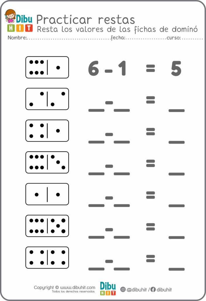 fichas dominó números restas