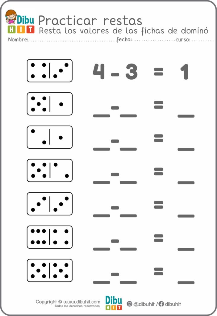 fichas dominó números restas