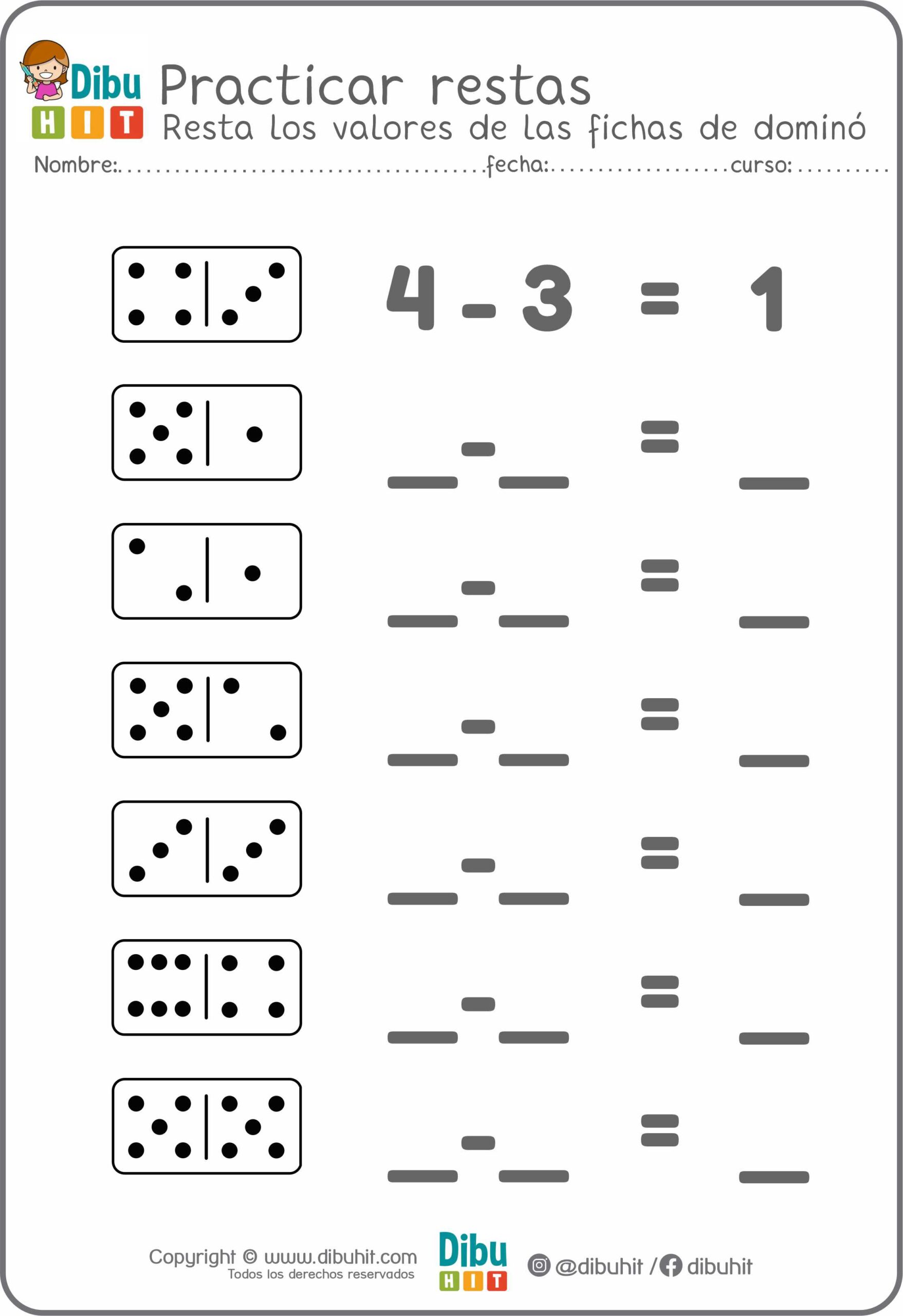 fichas dominó números restas