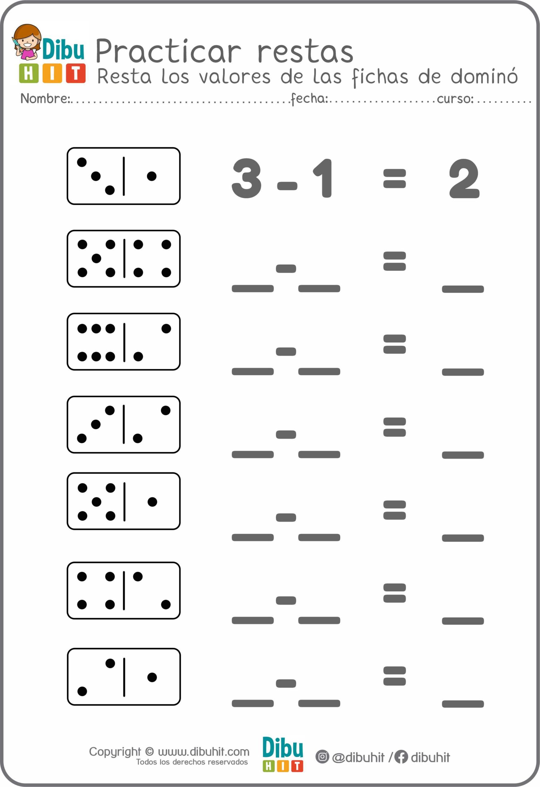 fichas dominó números restas