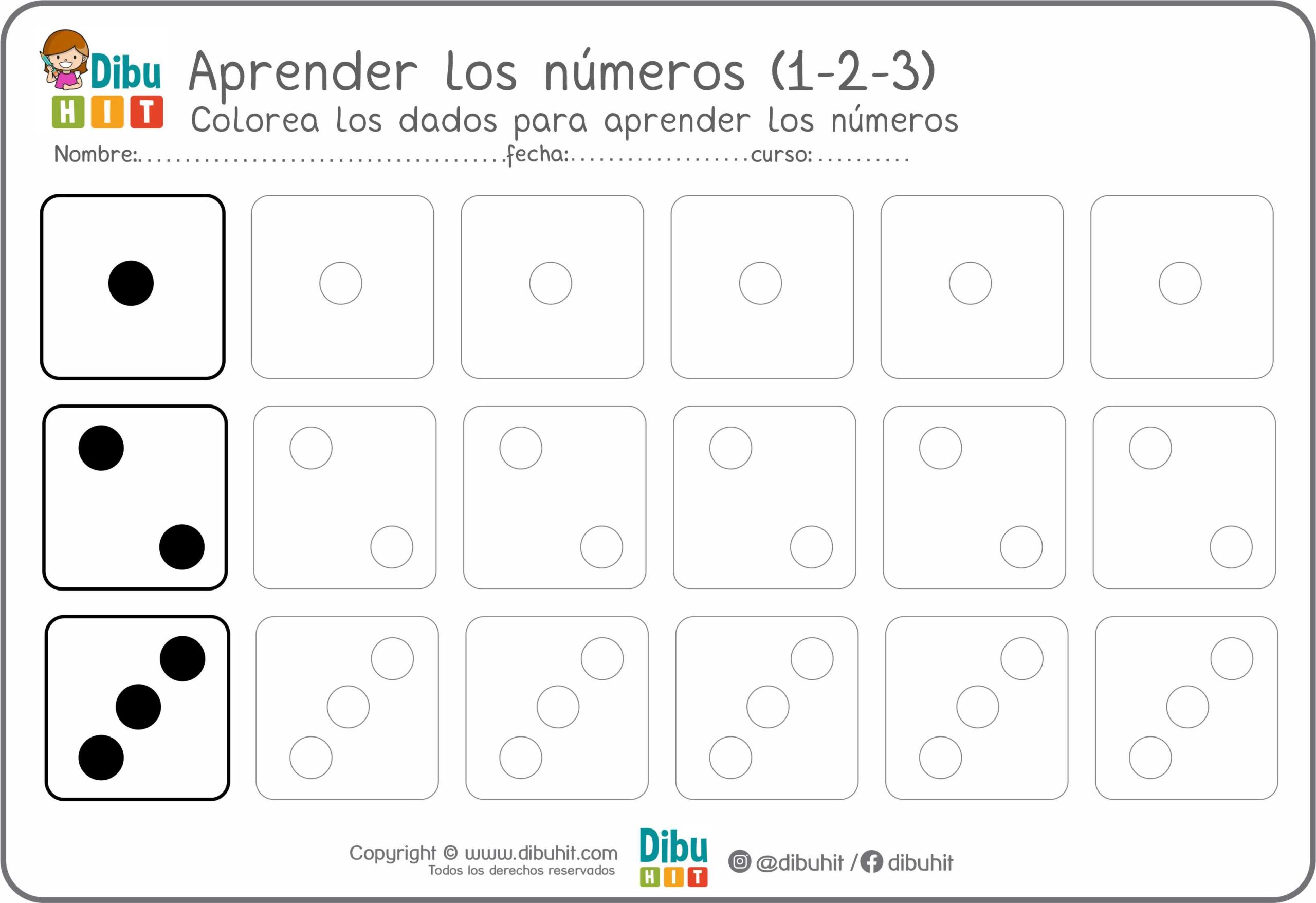 Dibujo didáctico para aprender los numeros 1-2-3 con dados para colorear