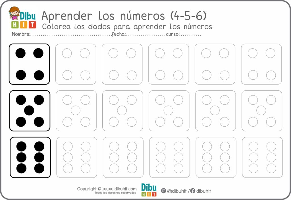 Dibujo didáctico para aprender los numeros 4-5-6 con dados para colorear