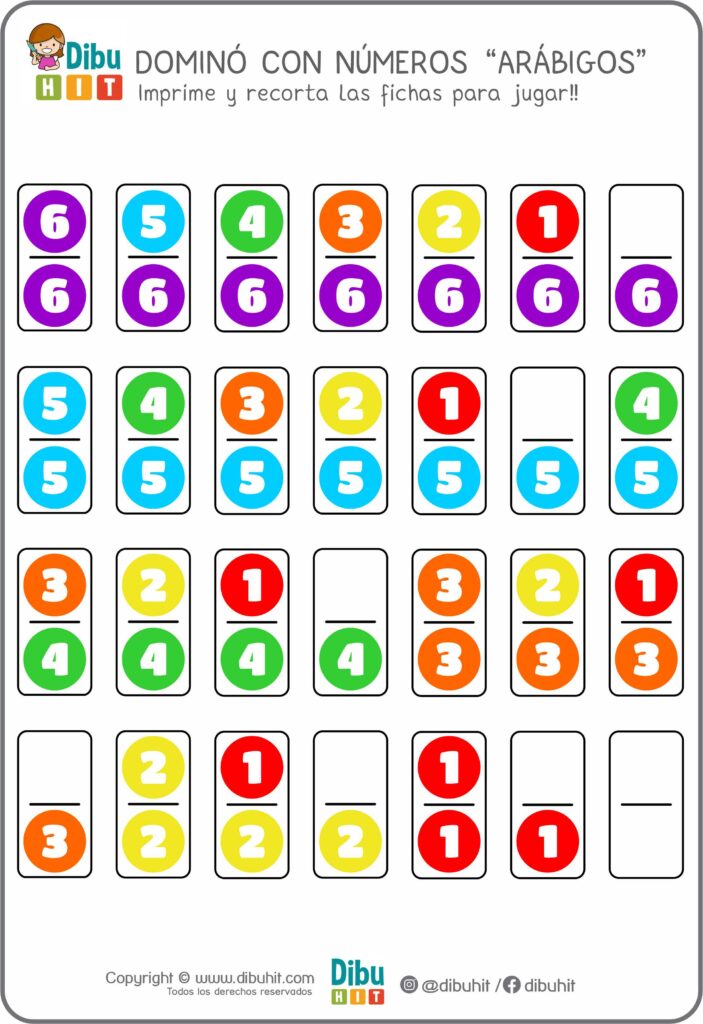 JUEGO FICHAS DOMINO NUMEROS ARABIGOS COLOR IMPRIMIR JUGAR