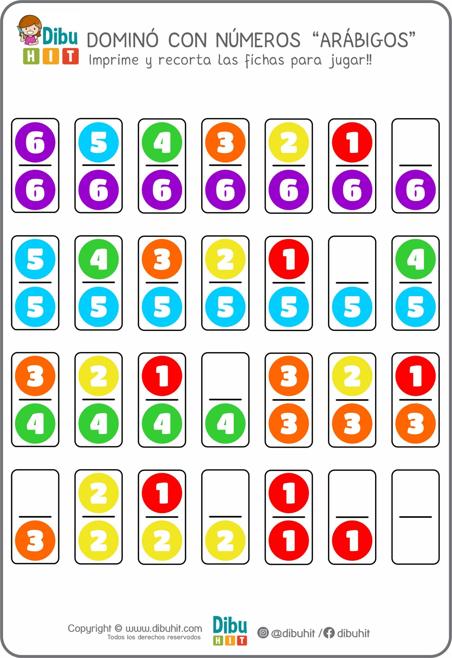 JUEGO FICHAS DOMINO NUMEROS ARABIGOS COLOR IMPRIMIR JUGAR