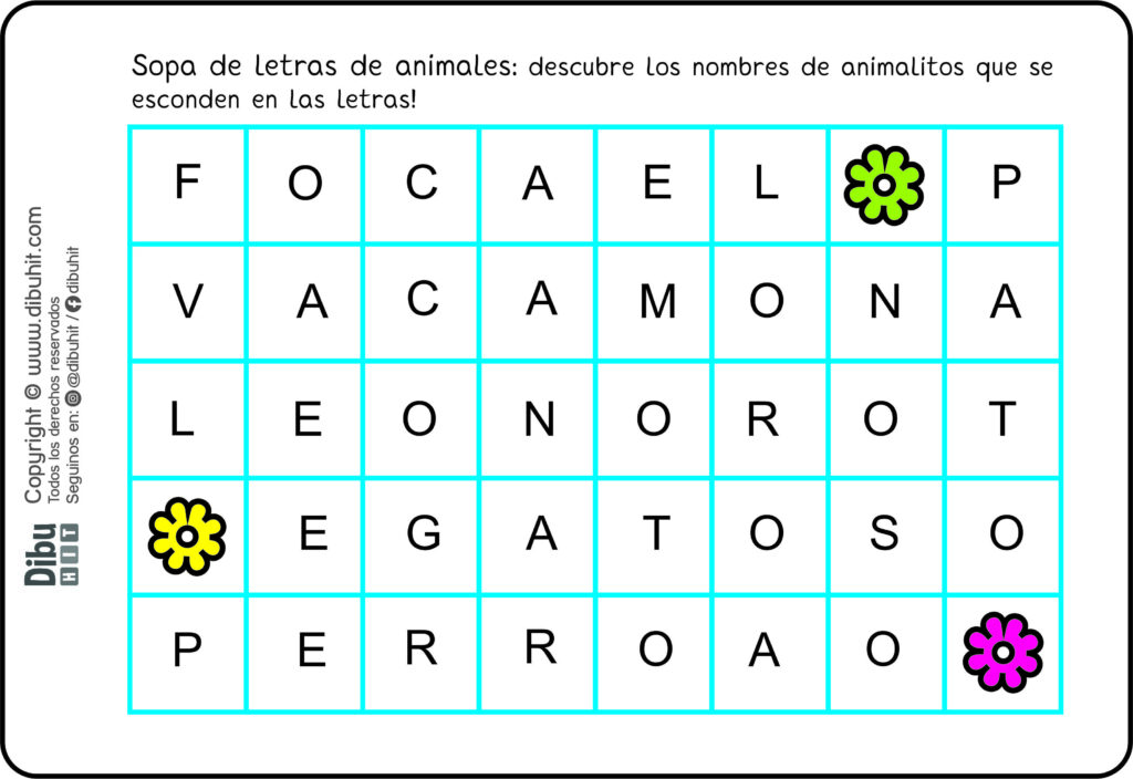 sopa de letras animales flor verde flor amarilla flor fucsia