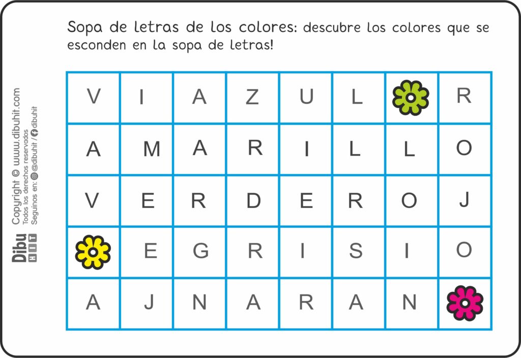 sopa de letras colores flor verde flor amarilla flor fucsia