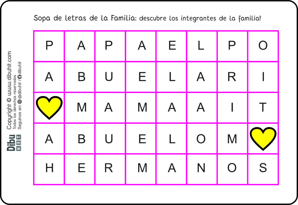 sopa de letras integrantes familia corazones amarillos