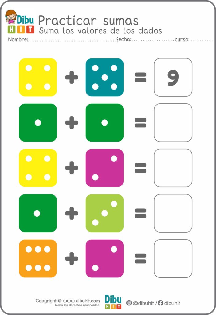 Ficha actividad dados suma números colores